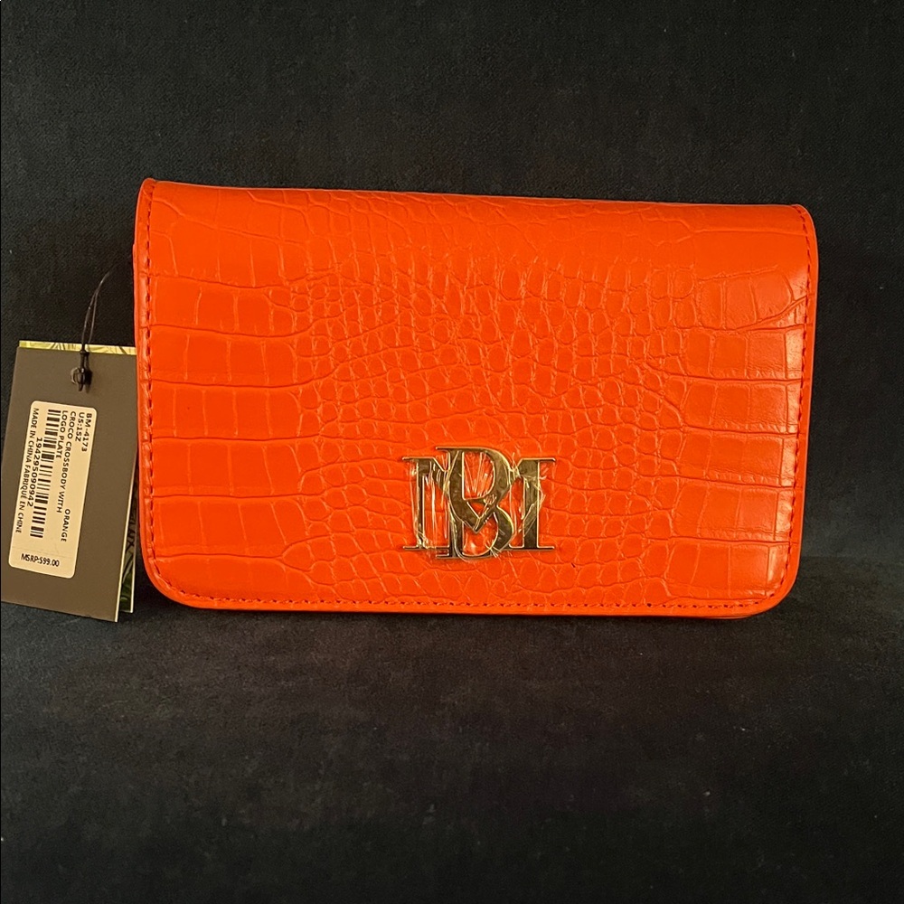 BADGLEY MISHKA Bright Orange Croc-Embossed Wallet Clutch with Gold Logo